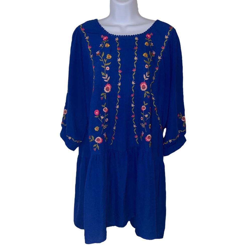 Umgee Royal Blue Embroidered Mini Dress with Pink & Yellow Accents